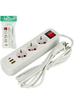 Сетевой удлинитель-переноска электрическая, 3 метра, 3 розетки + 2 USB + 1 Type-C, с заземлением и выключателем