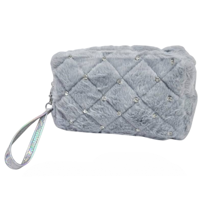 Косметичка меховая со стразами м.11854-715, 19х11 см (серая) - 
