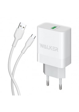 Мережевий зарядний пристрій (адаптер) 2в1 WALKER WH-35 1USB / QC3.0 / 3A / 18W + Data Cable USB to Micro white