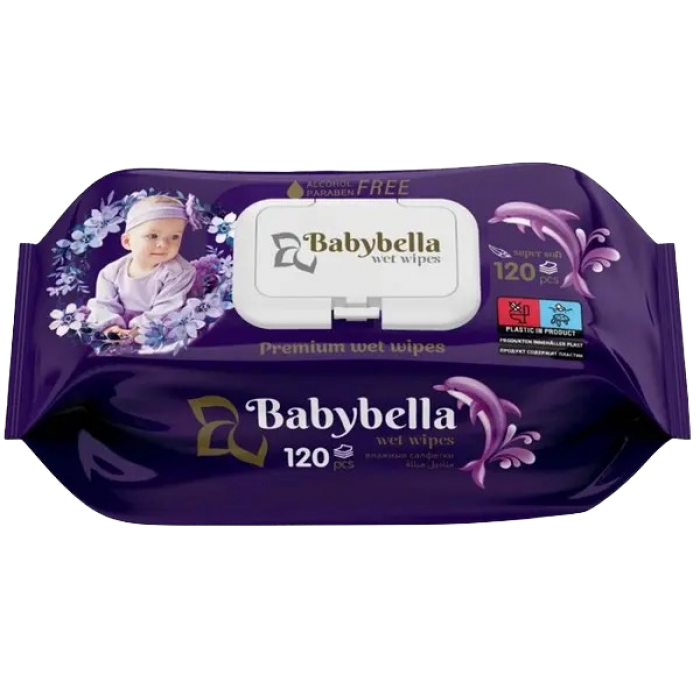 Дитячі вологі серветки парфумовані Babybella з клапаном, 120шт - 