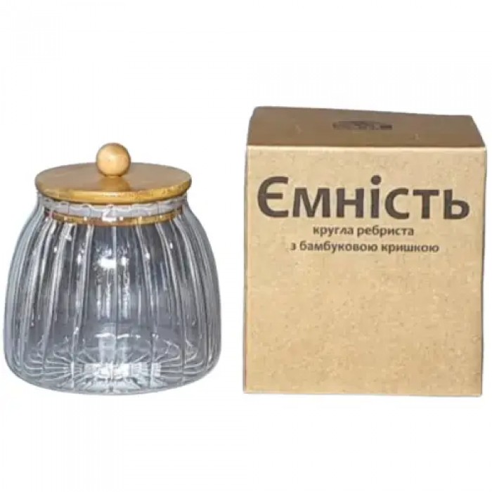 Емкость стеклянная S&T 7029-12  круглая с деревянной крышкой, 0.8 л - 