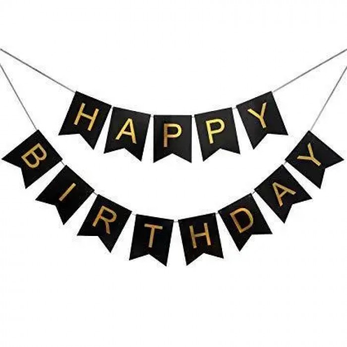 Розтяжка святкова прапорці з блискітками "Happy Birthday" (чорна) - 