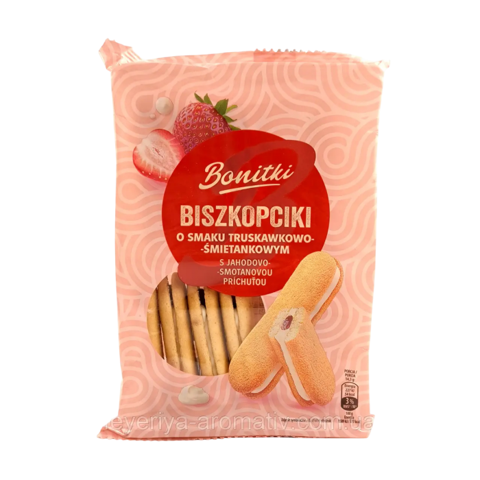 Печенье бисквитное Bonitki с кремово-клубничной начинкой, 170 г - 