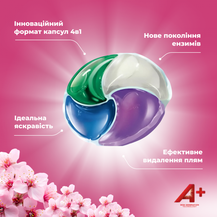 Капсули для прання А+ Fresh Flowers 4в1 для всіх типів тканин, 38 шт - 