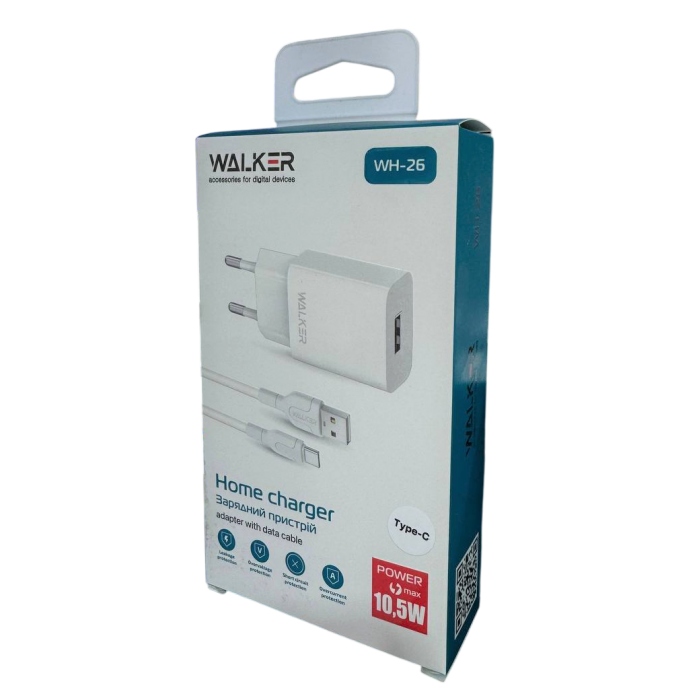 Мережевий зарядний пристрій (адаптер) 2в1 WALKER WH-26 1USB/2.1A + Type-C white - 