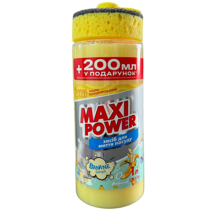 Средство для мытья посуды Maxi Power Банан с губкой, 1.2 л - 