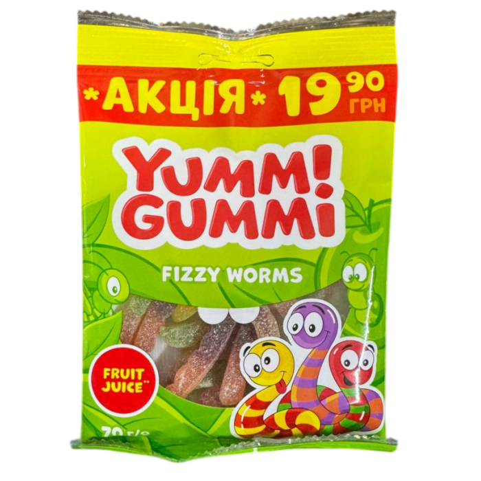 Цукерки желейні Roshen Yummi Gummi Fizzy Worms, 70 г - 
