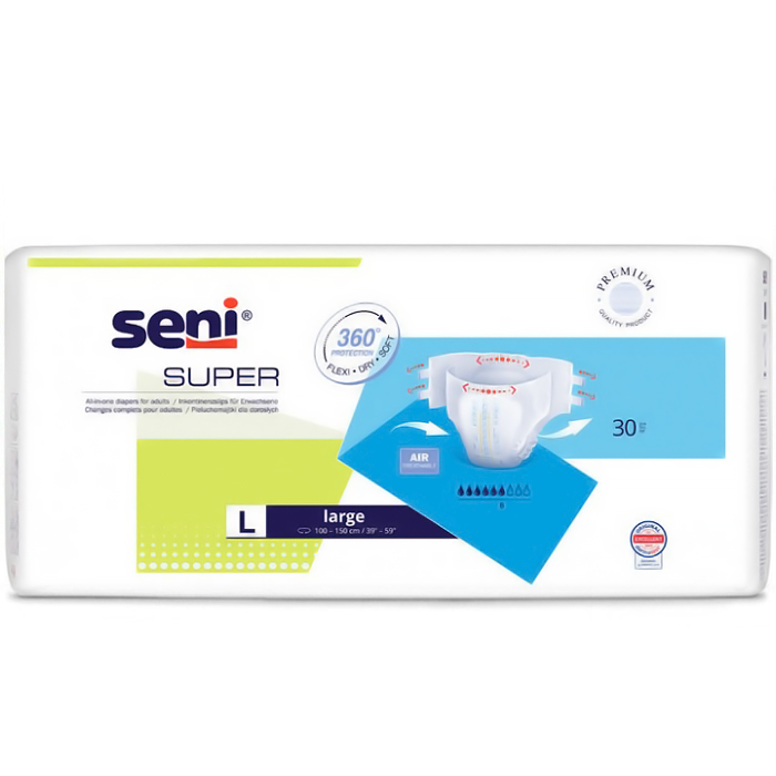 Подгузники для взрослых Seni Super, размер Large (100-150 см), 6 капель, 30 шт - 