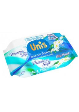 Влажные салфетки UNIS с пластиковой крышкой универсальные для всей семьи с экстрактом ромашки, 120 шт