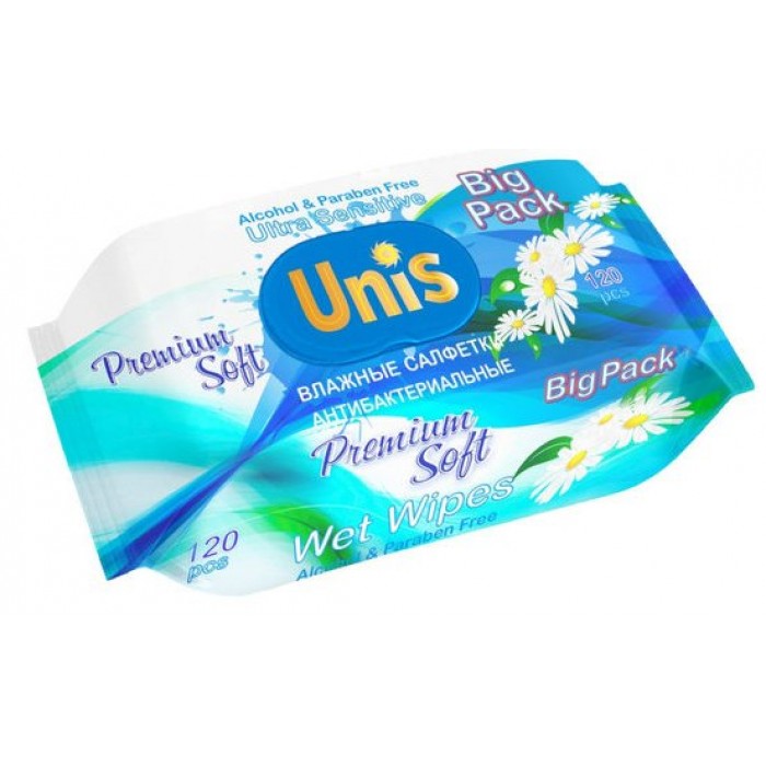 Влажные салфетки UNIS с пластиковой крышкой универсальные для всей семьи с экстрактом ромашки, 120 шт - 