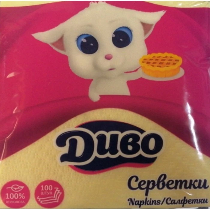 Салфетки бумажные Диво однослойные Желтые 24х24 см, 100 шт - 