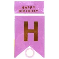 Розтяжка святкова прапорці з блискітками "Happy Birthday" (рожева)