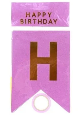 Розтяжка святкова прапорці з блискітками "Happy Birthday" (рожева)