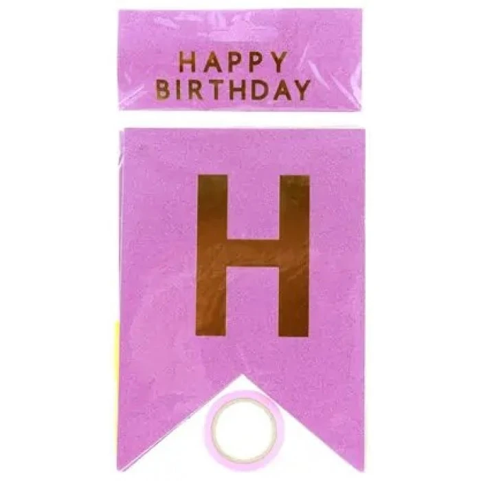 Растяжка праздничная флажки с блестками «Happy Birthday» (розовая) - 