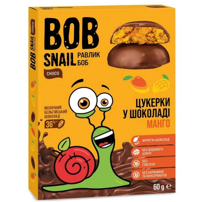 Цукерки в молочному шоколаді Bob Snail Mango, 60 г - 