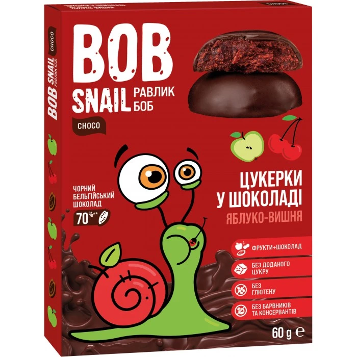 Цукерки в чорному шоколаді Bob Snail Яблуко-вишня, 60 г - 