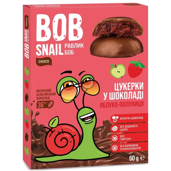 Цукерки в молочному шоколаді Bob Snail Яблучно-полуничні, 60 г  - 