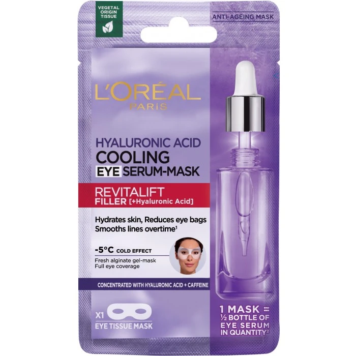 Охолоджувальна тканинна маска-сироватка для шкіри навколо очей L'Oreal Paris Revitalift Filler з гіалуроновою кислотою та кофеїном, 11 г - 