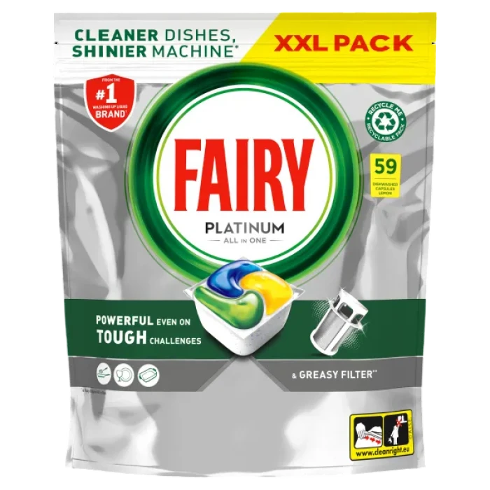 Засіб для миття посуду в посудомийних машинах у капсулах Лимон All in One Platinum, 59 шт - 