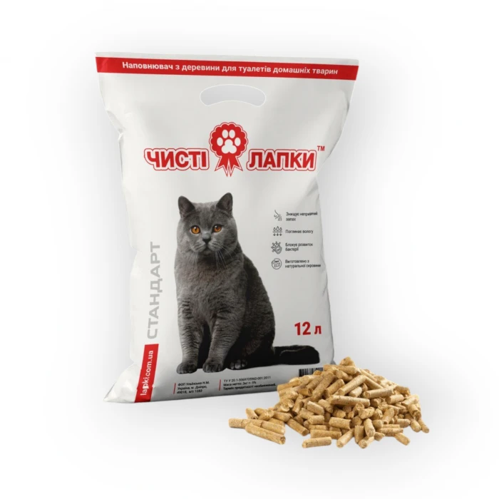 Наповнювач для котячих туалетів деревний Чисті лапки Стандарт, 12 л (3 кг) - 